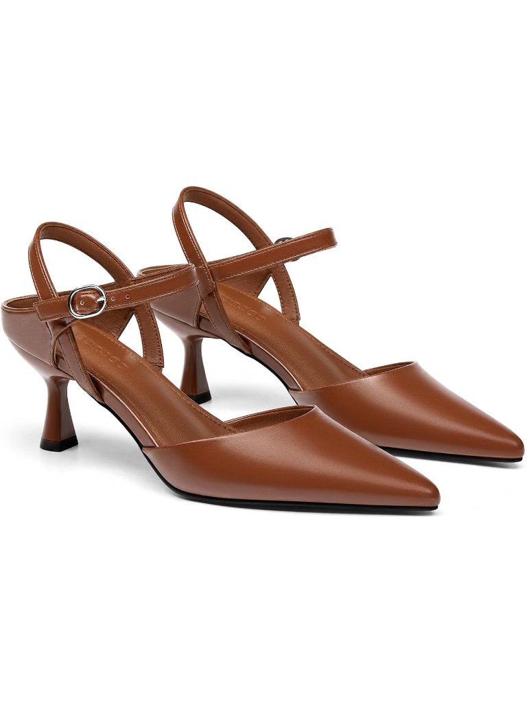 Women's All Brown Kitten Heels Shoes Closed Pointed Toe Pumps Adjustable Strap